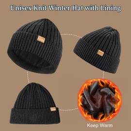 Ocatoma Beanie for Men Warm Lining Winter Soft Ski Hat Cuffed Hat Unisex Beanie Cap Gifts for Men Women Black