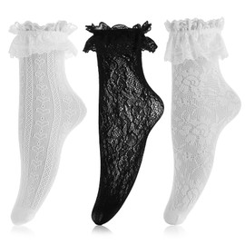 Yolev Pack of 3 Ruffle Socks with Ruffles Women's Lace Ruffle Comfort Socks Princess Socks Fashion Lace Ankle Garter with Ruffles, black