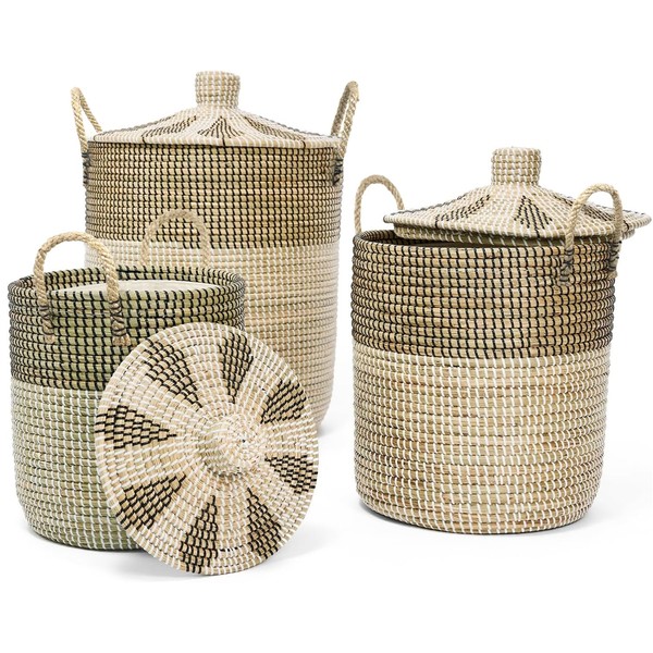 Wicker Basket with Lid, Set of 3 Seagrass Laundry Basket