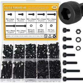555 Pieces M3 Screws Nuts Washers Set Black, Sutemribor M3 x 6/8/10/12/16/20/25mm Hex Socket Head Cap Screws Nuts Washers Assortment Kit, 12.9 Grade Alloy Steel, Fully Threaded