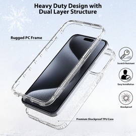 Aircawin Compatbile with 15 Pro Max Case Clear Glitter,Full Protective Hybrid 3 in 1 Had PC&Soft TPU Shockproof Case Cover with Sparkly Bling Design Girls for 15 Pro Max 6.7'' 2023-Clear