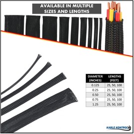 Kable Kontrol Cable Sleeve Expandable Nylon Braided Sleeving - 3/4” Inch – 25’ Feet – Automotive Wire Loom, Cable Wrap, Cord Protector from Pets, Cable Management - Black