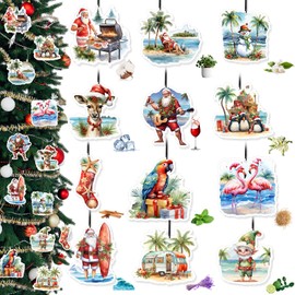 Linyuthia 24 Pcs Scented Hawaiian Christmas Hanging Ornaments Mele Kalikimaka Beach Palms Tree Tropical Christmas Car Air Fresheners Bulk Luau Christmas Tree Decoration for Home Xmas Holiday Gifts