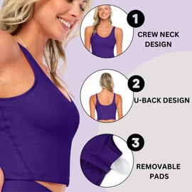 M&M SCRUBS Women’s Yoga Top Longline Wirefree Padded Medium Support Sports Bra with 5 Set of Exercise Workout Bands Combo Pack (Large, Purple with Resistance Bands)