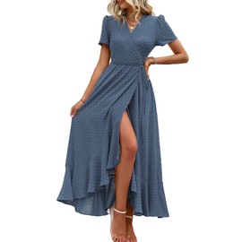 PRETTYGARDEN Women's Summer Wrap Maxi Dress Casual Boho Floral V Neck Short Sleeve Ruffle Hem Split Beach Long Dresses (Z_Blue,X-Large)