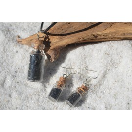 Black Tourmaline Stone Earrings and Necklace Set in Glass Vials