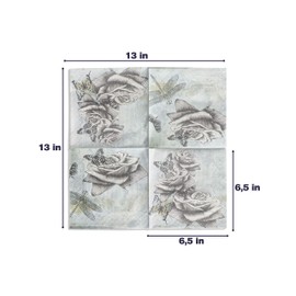 Set of 20 Individual Decoupage Shabby Chic Paper Party Napkins FLOWER & DRAGONFLY Watercolor Decor Luncheon Napkin for a Birthday holiday, Wedding, Cocktail Party