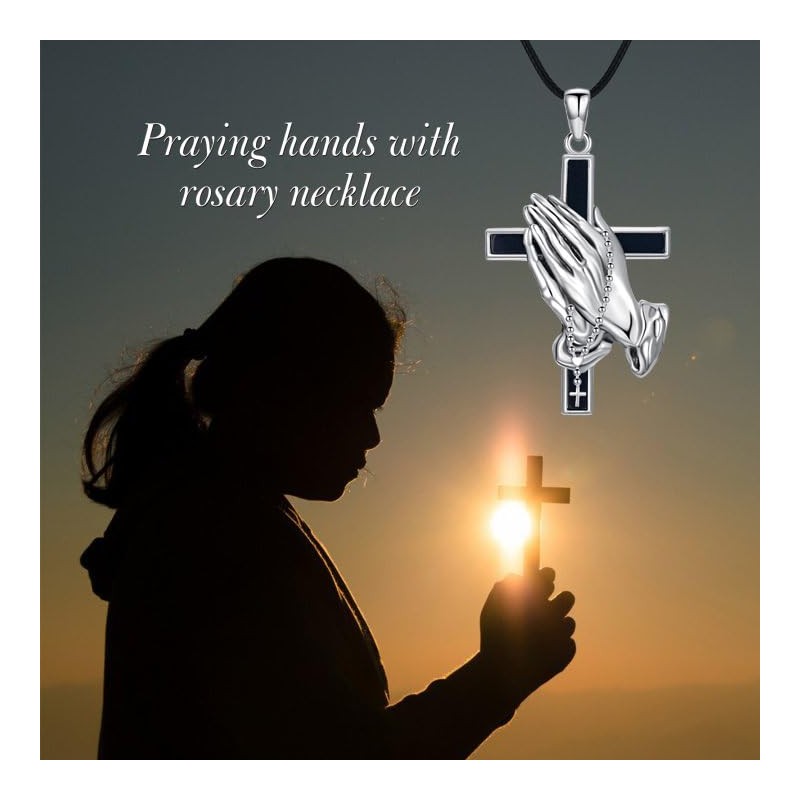 UCADRIT Praying Hands with Rosary Necklace Sterling Silver Black Cross