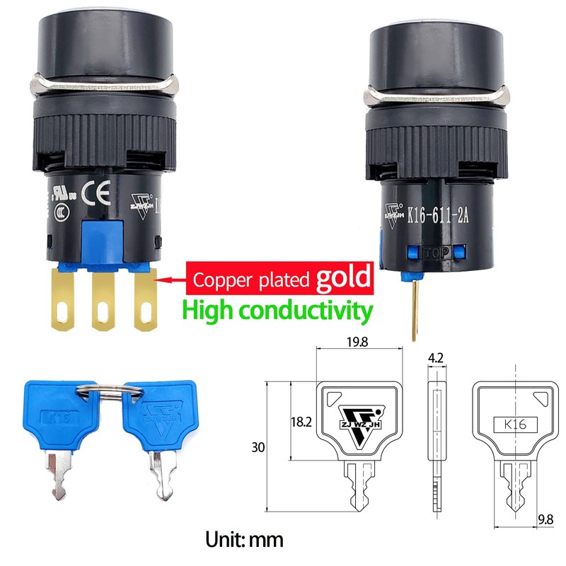 2 Pcs 16mm 5/8" Key Lock Switch, SPDT Round Terminal