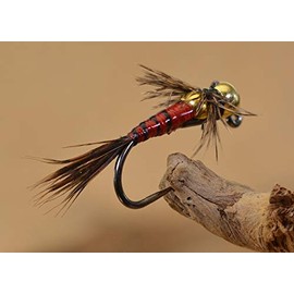 Tungsten Two Bit Hooker Red Jig Head Fly Euro Nymph Tied on Hanak Hooks - 6ct Pack (Hook #14)