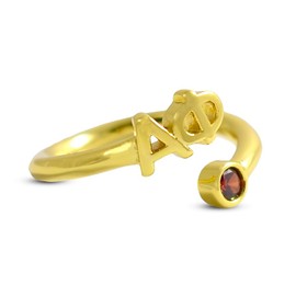 Sorority Shop Alpha Phi Ring- 18k Gold-Plated Wraparound Ring with Garnet Gemstone and Alpha Phi Greek Letters, Sorority Jewelry Gift