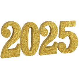 DecoGlee 4 Inch 2025 Gold Glitter Table Centerpiece Sign 2025 Number Word Sign,2025 Wooden Numbers Block for New Year Eve Graduation Chrismas Anniversary Party Supplies