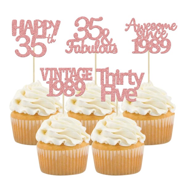 Gyufise 30 adornos para cupcakes de 35 cumpleaños, color oro rosa, con purpurina, número 35, fabulosos saludos a 35 treinta y cinco púas para cupcakes, 35 cumpleaños, boda, aniversario, fiesta, suministros para decoración de pasteles