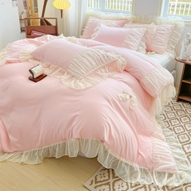 MOOWOO Chic Lace Bedding with Lovely Bow-Romantic Ruffle Duvet Cover Set, 3 Piece Comforter Duvet Cover with Zipper Closure, French Princess Style,Coquette Room Decor-Pink,Queen Size