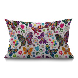 BGBDEIA Butterfly Cushion Cover Farmhouse Spring White Floral Pattern with Colorful Butterflies and Flowers Decorations Pillow Cover Case for Sofa Couch Cotton Linen 30 x 50 cm 12x20 Inches