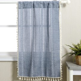 RoomTalks Boho Kitchen Curtains 36 Inch Length French Striped Farmhouse Vintage Chic Cottage Tassel Short Cafe Curtains for Small Window Kitchen Bathroom Bohemian Decor (36’’L x 24’’W, Blue)