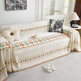 ZENLIV Beige Boho Couch Cover, Sofa Covers Washable, Soft Couch Covers for 3 Cushion Couch Sofa Pet Friendly, Thick Chenille Futon Cover, Loveseat Covers, Sofa Slipcovers,Colorful Geometry（71"×134"