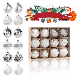 MOMO RUCCI Christmas Ornaments Set, 2.36inch Silver and White Shatterproof Christmas Tree Decorations Ball Ornaments Bulk, Glittering Decorative Hanging Ornaments for Xmas Trees Holiday Party Decor
