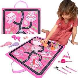 FABU KIDDIE FabuKiddie Pink Toddler Play Mat for Girls - Foldable Kids Playmat Bundle with Toys, Dolls, Bag and 6 Stations to Visit - Floor Mats for Kids Playroom - Playmats for Toddlers,