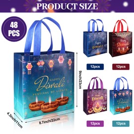 PIAOPIAONIU 48 Pcs Happy Diwali Gift Bags with Handles Deepavali Theme Party Return Gift Bag Non Woven Festival of Lights Birthday Goodie Snacks Candy Bags for Diwali Party Favors