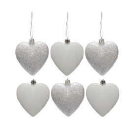 Simply Products 6 Heart Baubles - Great Christmas Tree Decorations, Glitter Heart Baubles (Silver & White Glitter)