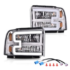 G-PLUS LED DRL Headlights, Compatible with 2005-2007 Ford F250 F350 F450 F550 Super Duty/2005 Excursion HeadLamps, Driver and Passenger Side, Clear lens Chrome Housing Amber Reflector