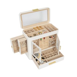 JBAOWEI 11" Large Jewelry Box White Woven PU Leather Storage Case Holds 100+ Pieces, Jewelry Case with Metal Handles for Necklaces, Rings, Earrings – Elegant Gift for Women