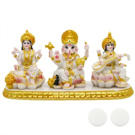 Indian Laxmi Ganesh Saraswati Statue - 3.9”H Small Marble Look Lakshmi Ganesha Idol Sculpture for Car Dashboard Hindu Temple Office Home Mandir Pooja Item Diwali Murti Puja Gifts