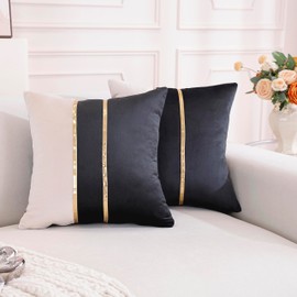 TAOSON Velvet Throw Pillow Covers,Pack of 2 Soft Decorative Cushion Covers Cases Black Beige Patchwork with Gold Leather for Sofa Bedroom Livingroom Car, 16 x 16 Inch