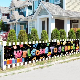 Welcome Back Backdrop, 9.84x1.64ft Welcome Back Sign Banner with Rope Warm Return to School Yard Decorations Vibrant School Bus Decorations for Outdoor Gate Fence Door Indoor Wall