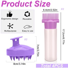 VireEyU Set of 4 Hair Oil Applicator with Hair Massage Brush Set Applicator Bottle and Head Massage Brush, for Colouring and Scalp Care, for Home and Salon Purple
