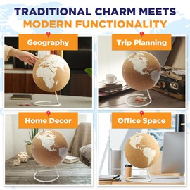 White Cork Globe With Push Pins - 10" World Map With Rotating Stand for Children or Adults, 100 Red Pins - for Home, Office, Classroom, Travel, Kids