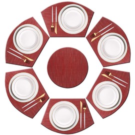 pigchcy Wedge Shape Placemat Set of 6 Placemats and Round Table Mats Washable Vinyl Placemats Heat-Resistant Table Mats (Burgundy Red)