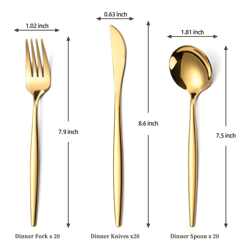 ERVILO 60-Piece Gold Silverware Set for 20, Food Grade Stainless