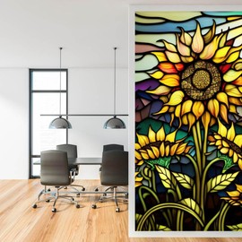 Privacy Window Film Retro Sunflower Pattern Stained Glass Window Film Decorative Frosted Window Cling Non-Adhesive Static Cling for Window &Glass Door