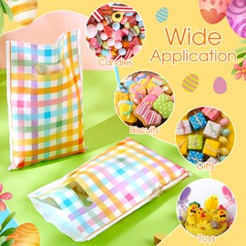 Thenshop 100 Pcs Easter Gift Bags with Handles Spring Plastic Buffalo Check Plaid Treat Bags Egg Candy Snacks Goodie Bag for Easter Spring Wedding Birthday Party Favors Gift Wrapping