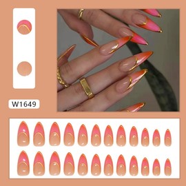 Almond Press on Nails Gold French Tips Fake Nails Medium Square Shape, Pink Orange Ombre Design Glossy Reusable False Nails for Women Girls Daily Wear Manicure 24pcs