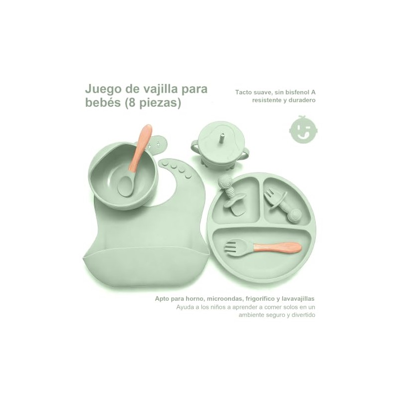 8pzs Platos para Bebe Silicon, Set Alimentacion Complementaria Bebe (Verde)