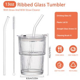 13oz Glass Tumblers with Lids and Straws, Set of 2 - Stylish Ribbed Design Drinking Glasses for Iced Coffee, Juice, Smoothies, Cold Beverages, Includes Cleaning Brush, Durable Glassware