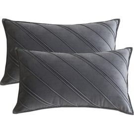 Lutanky Pack of 2 Velvet Cushion Covers Dark Grey Rectangle Throw Pillow Cases Striped Soft Pillowcases for Sofa Bedroom Home Decor Accessories 12x20 Inch 30 x 50 cm