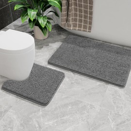 AROGAN Bathroom Rug Sets 2 Piece, 20"x20" U-Shaped Toilet Mat and 21"×34" Bath Mats Bathroom Floor Set, Machine Washable Bath Rug Set, Absorbent and Dry Quickly, Soft Non Slip Bathroom Rug Set, Grey