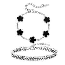 VNOX 2 PCS 4 Leaf Clover Bracelets for Men Women -Womens Mens Stainless Steel Silver Cuban Chain Link Bracelet Lucky Charm Four Clover Flower Bracelets Trendy Jewelry Gifts，2