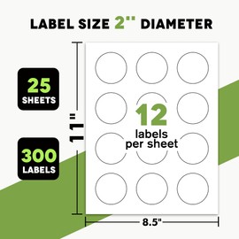 A-SUB 2 Inch Round Label Stickers for Inkjet or Laser Printer, Waterproof Matte White, 300 Printable Circle Stickers for Custom Logo, Thank You Labels