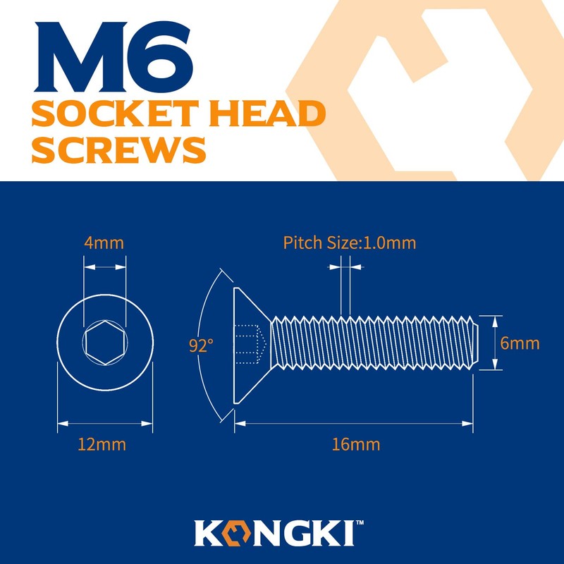Pack of 60 M6 x 16 mm Countersunk Screws with