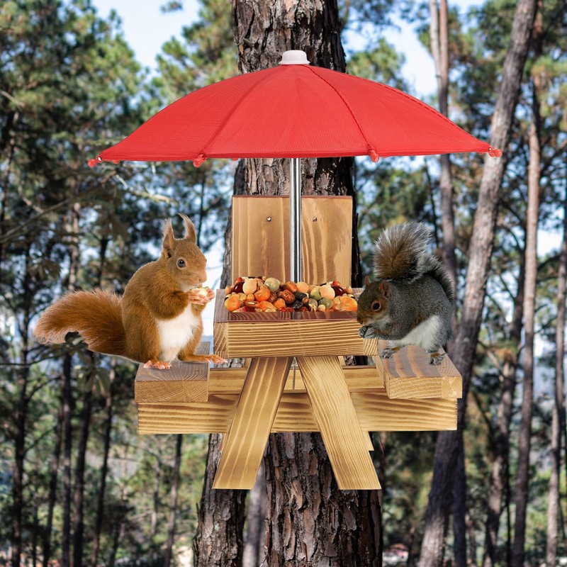 PATIKIL Squirrel Feeder Picnic Table with Red Umbrella 7x8x11inch, Wooden