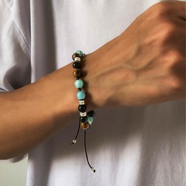 Bemous Boho Turquoise Bracelets for Men Healing Crystal Bracelet Black Bead Stone Hand Chain Bracelet