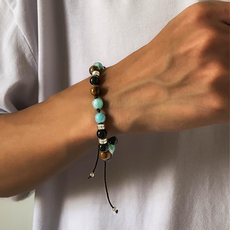 Bemous Boho Turquoise Bracelets for Men Healing Crystal Bracelet Black