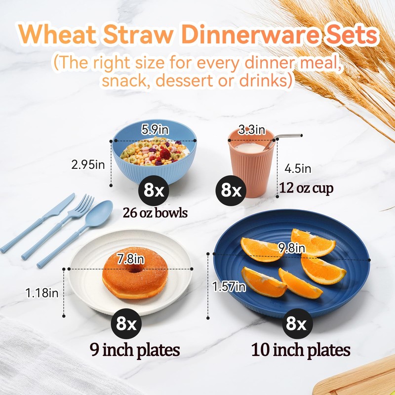 Wheat Straw Dinnerware Sets,64-Piece Plates and Bowls Sets for 8-Unbreakable,Reusable