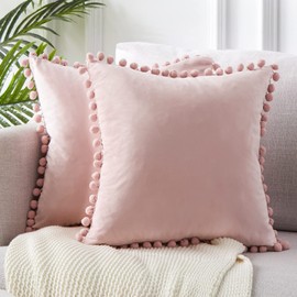 Top Finel Blush Pink Decorative Throw Pillow Covers for Couch Bed 20x20 Soft Velvet Pillow Coveres Set of 2 Cute Square Cushion Covers with Pom-poms for Bedroom Livingroom Aesthetic Home Decor