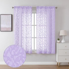 Lecloud Leia Light Purple Sheer Curtains 63 Inch Length 2 Panels, Light Filtering Jacquard Leaf Textured Voile Curtains with Dual Rod Pockets, Kitchen/Bedroom Window Drapes, 38x63 Inches